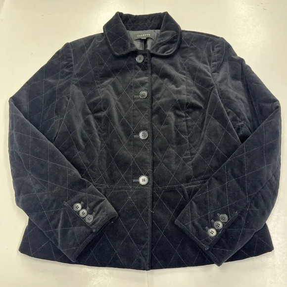 TALBOTS WOMEN'S BLACK VELOUR QUILTED BUTTON-DOWN JACKET SZ 8 Classic Preppy - Picture 1 of 12